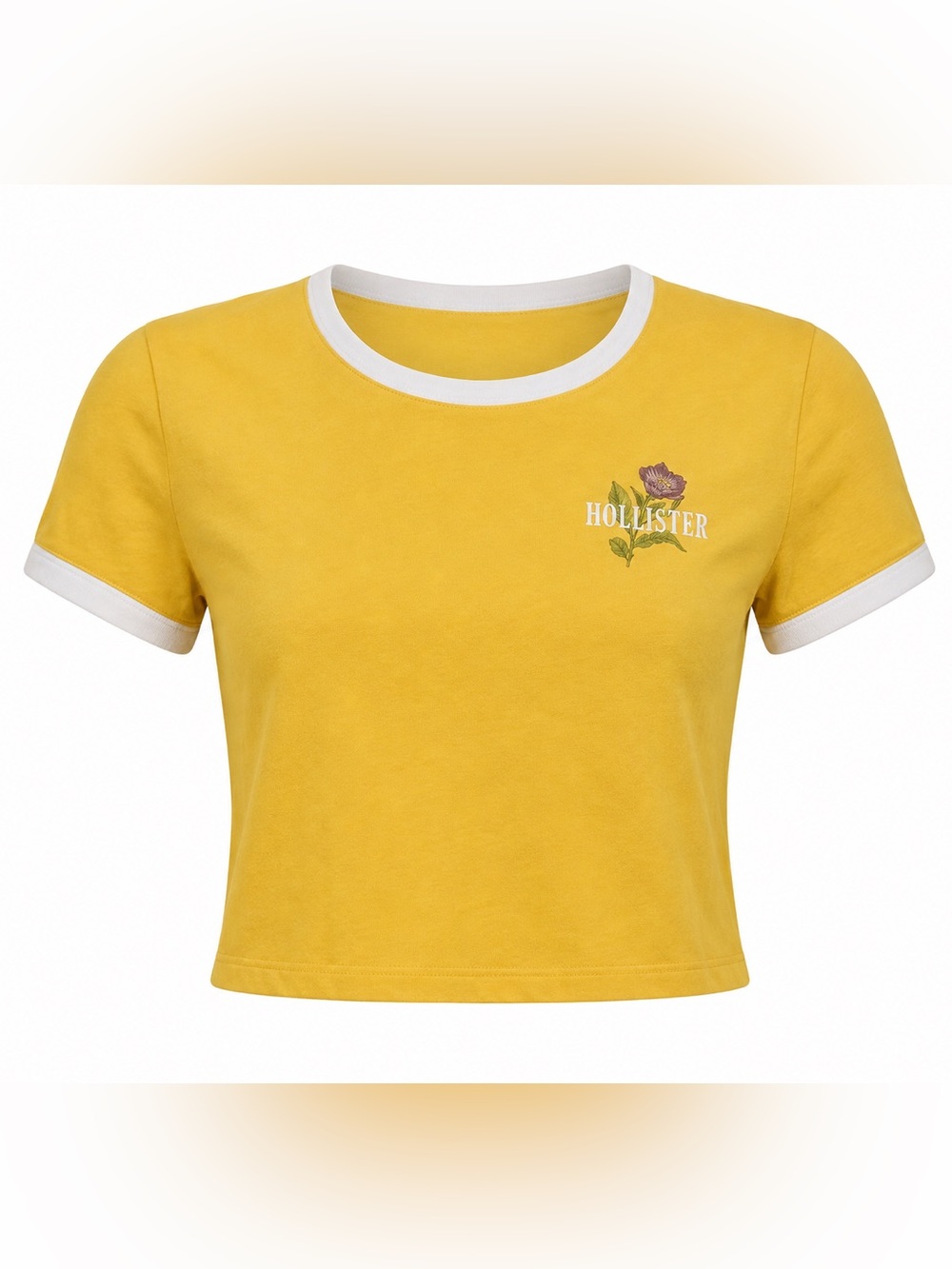 Hollister Yellow Ultra Crop Ringer T-Shirt with Purple Flower Graphic Size M